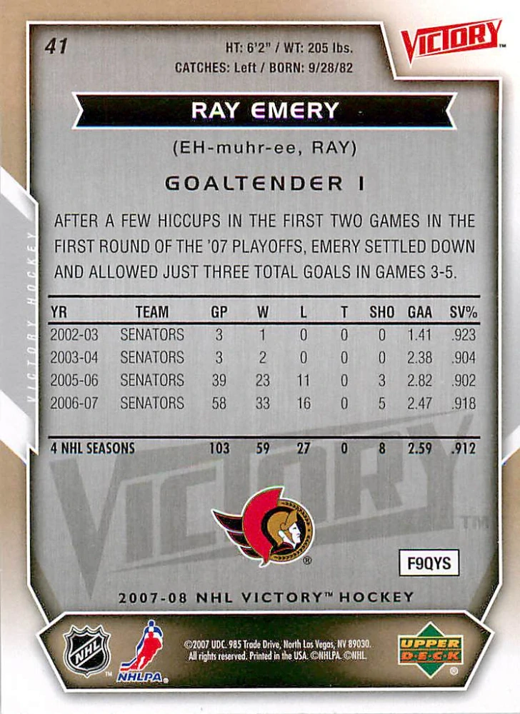 2007-08 UD Victory - Ray Emery #41