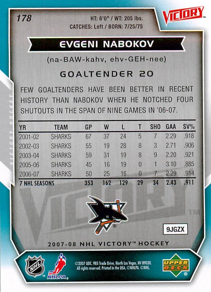 2007-08 UD Victory - Evgeni Nabokov #178
