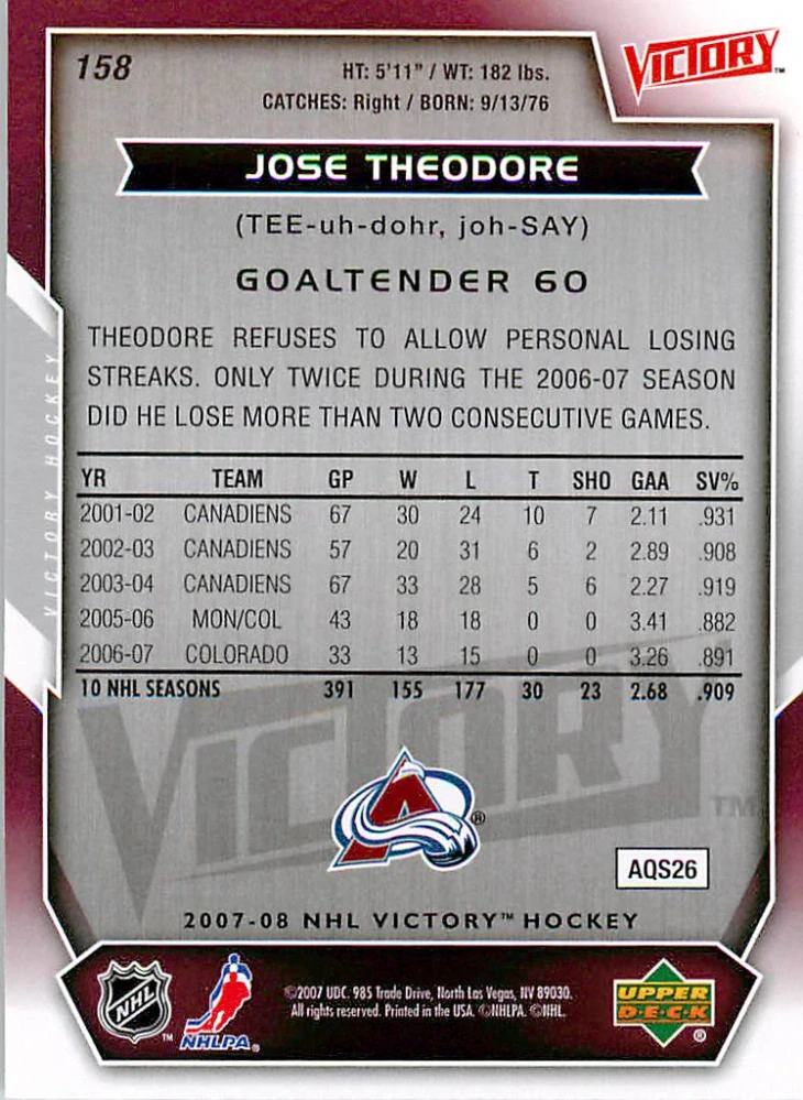 2007-08 UD Victory - Jose Theodore #158