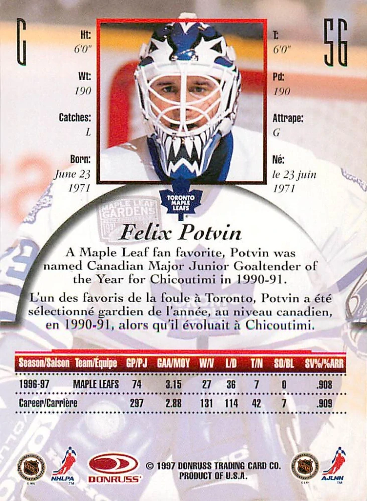 1997-98 Donruss Canadian Ice - Felix Potvin #56