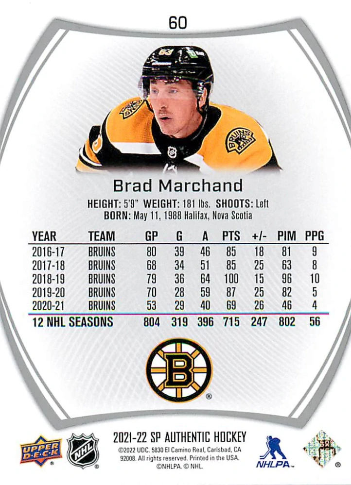 2021-22 UD SP Authentic - Brad Marchand #60