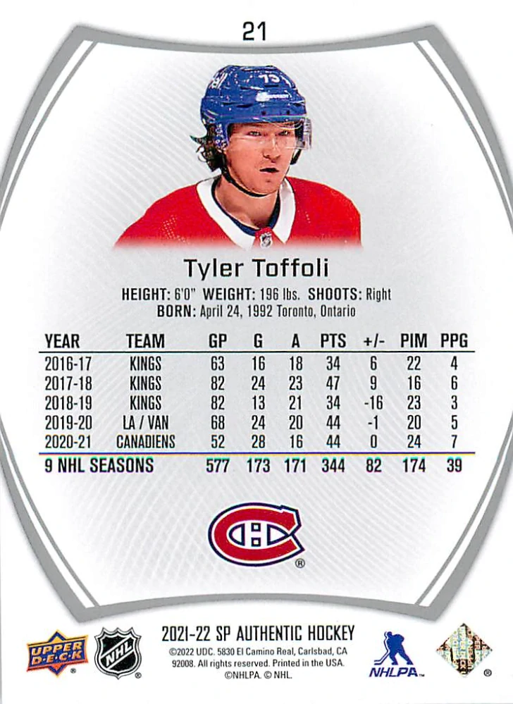2021-22 UD SP Authentic - Tyler Toffoli #21