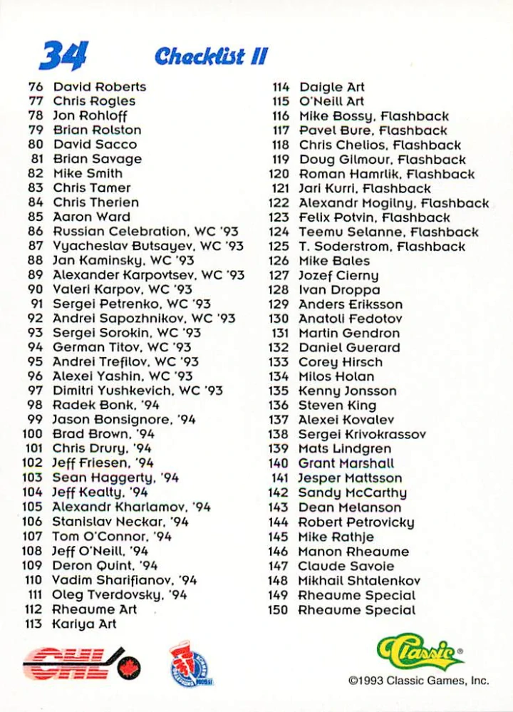 1993-94 Classic Draft - Alexandre Daigle, Alexei Yashin - Checklist #34