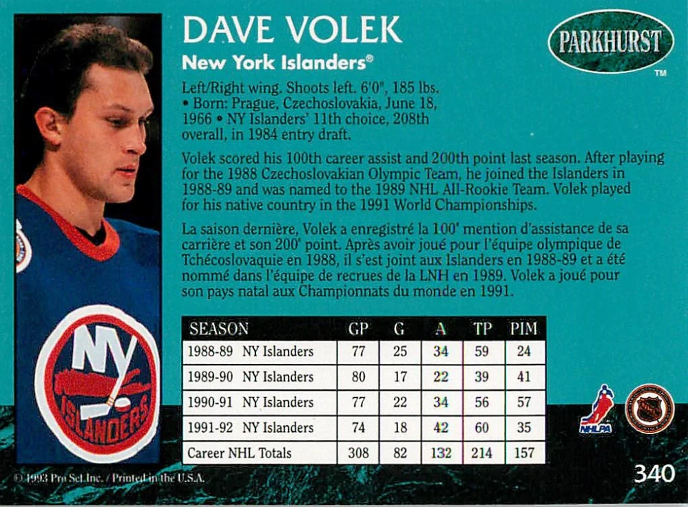 1992-93 Parkhurst - Dave Volek #340