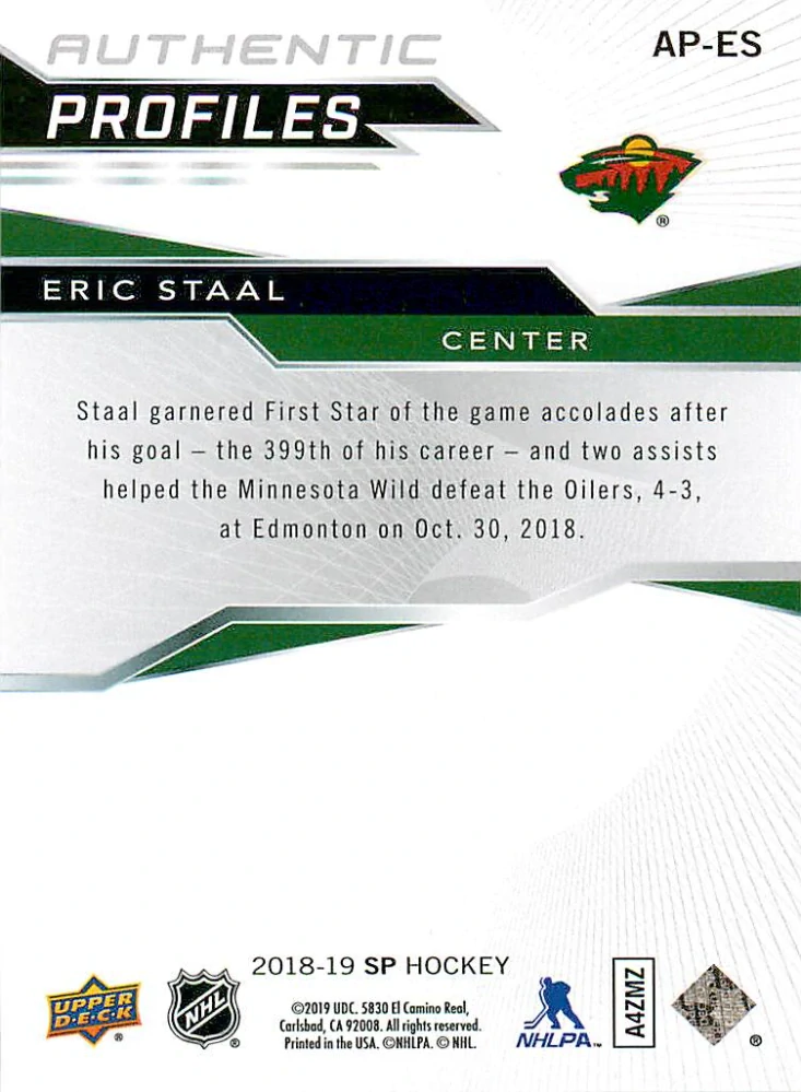 2018-19 UD SP - Eric Staal - Authentic Profiles Blue #AP-ES