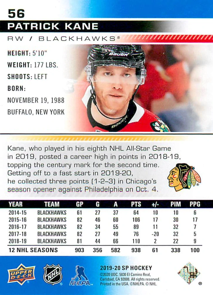 2019-20 UD SP - Patrick Kane - Blue #56