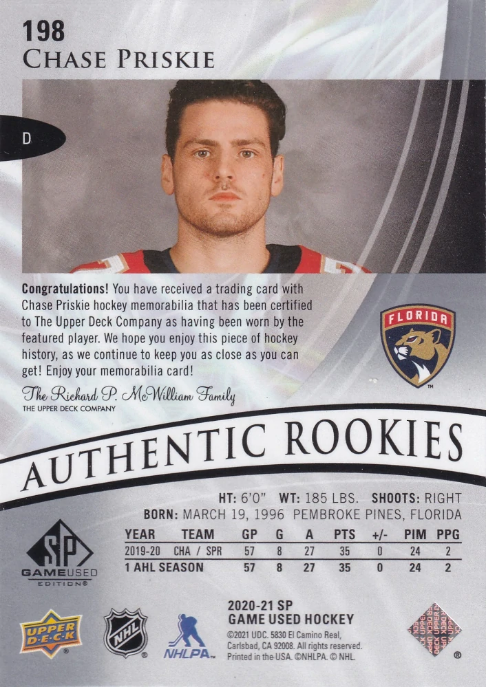 2020-21 UD SP Game Used - Chase Priskey - Authentic Rookies Jersey #198