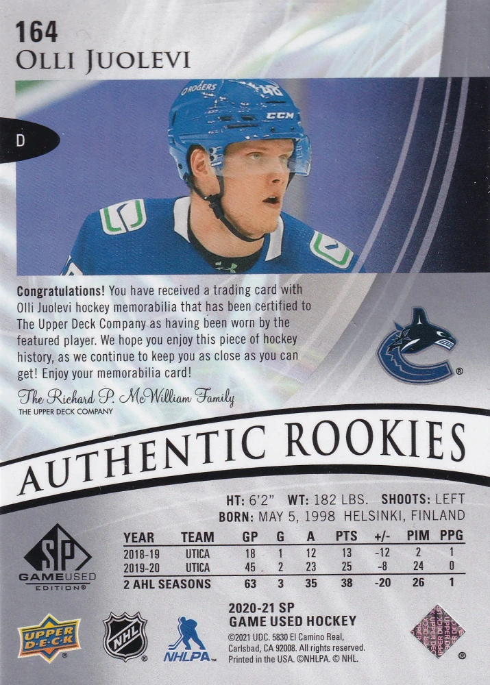 2020-21 UD SP Game Used - Olli Juolevi - Authentic Rookies Jersey #164