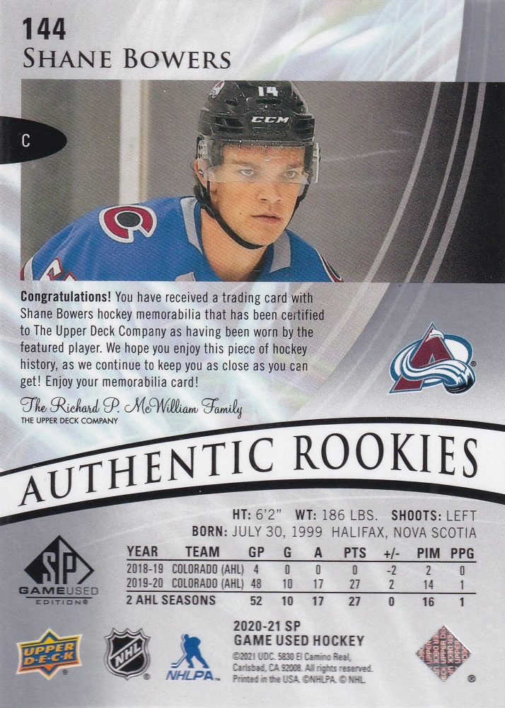 2020-21 UD SP Game Used - Shane Bowers - Authentic Rookies Jersey #144