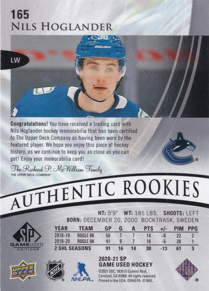 2020-21 UD SP Game Used - Nils Hoglander - Authentic Rookies Jersey #165