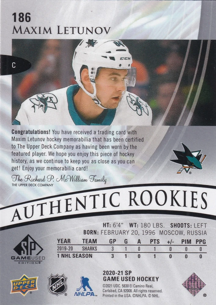 2020-21 UD SP Game Used - Maxim Letunov - Authentic Rookies Jersey #186