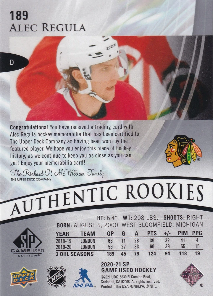 2020-21 UD SP Game Used - Alec Regula - Authentic Rookies Jersey #189
