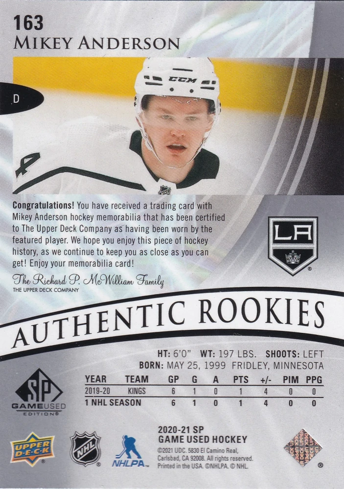 2020-21 UD SP Game Used - Mikey Anderson - Authentic Rookies Jersey #163