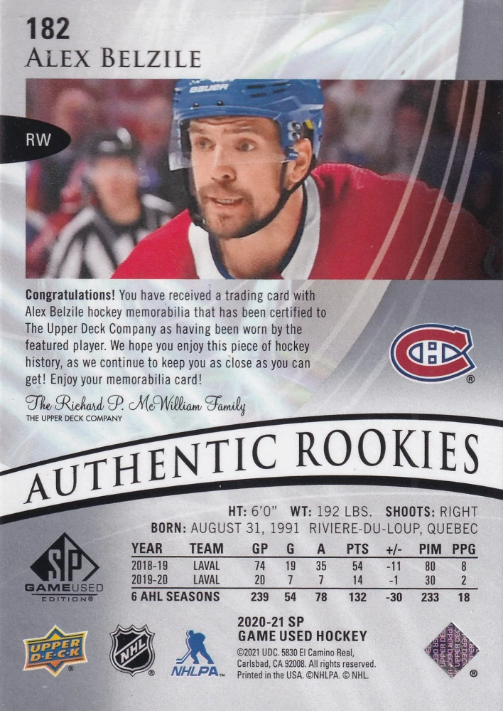 2020-21 UD SP Game Used - Alex Belzile - Authentic Rookies Jersey #182
