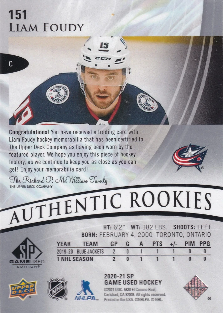 2020-21 UD SP Game Used - Liam Foudy - Authentic Rookies Jersey #151
