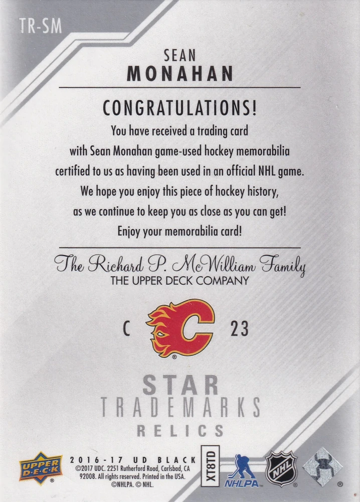 2016-17 UD Black - Sean Monahan - Star Trademarks Relics #TR-SM