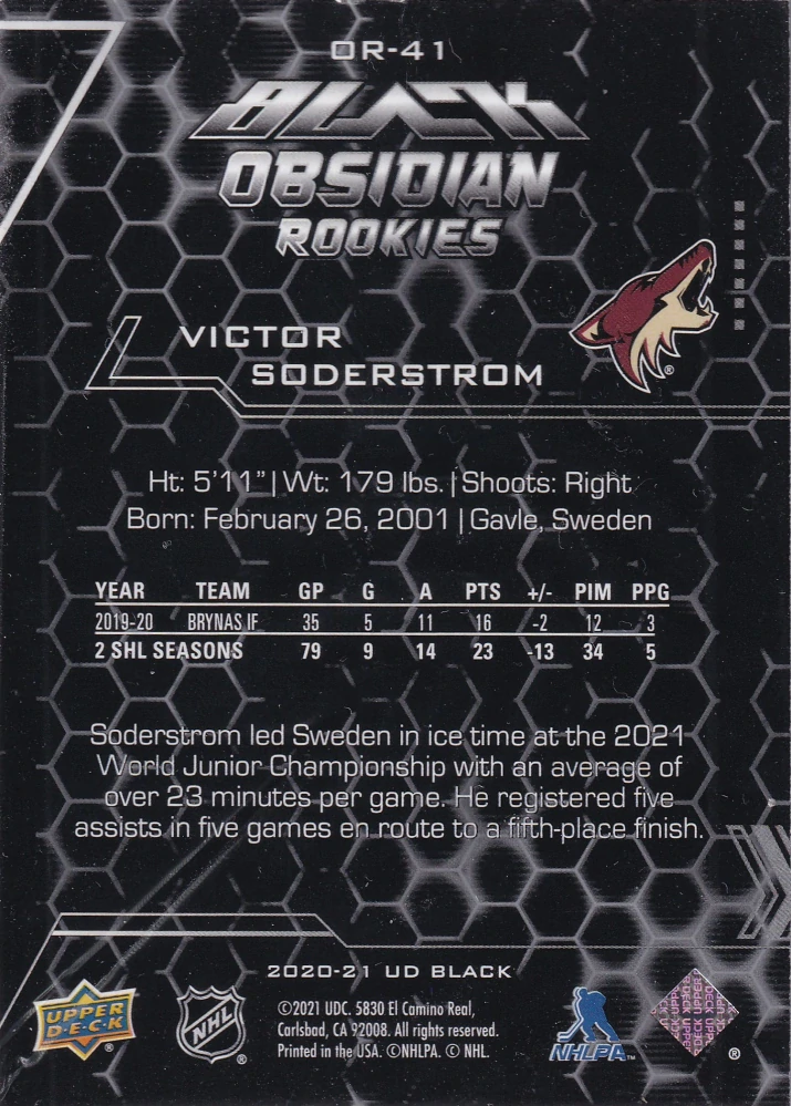 2020-21 UD SPx - Victor Soderstrom - Black Obsidian Rookie /349 #OR41