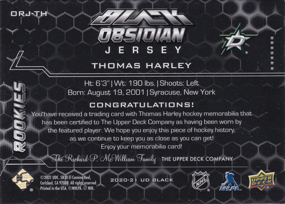 2020-21 UD SPx - Thomas Harley - Black Obsidian Rookie Jersey /399 #ORJ-TH