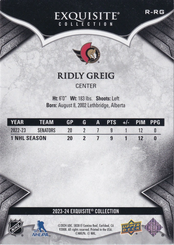 2023-24 UD Black Diamond - Ridly Greig - Exquisite Collection Rookies /399 #R-RG