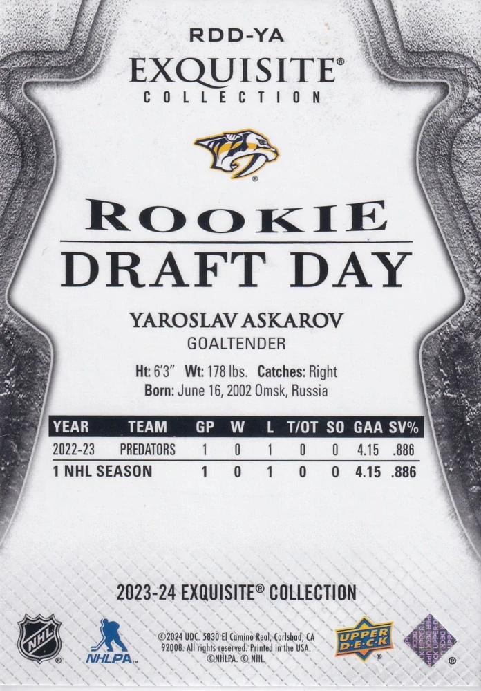 2023-24 UD Black Diamond - Yaroslav Askarov - Exquisite Collection Rookie Draft Day /349 #RDD-YA