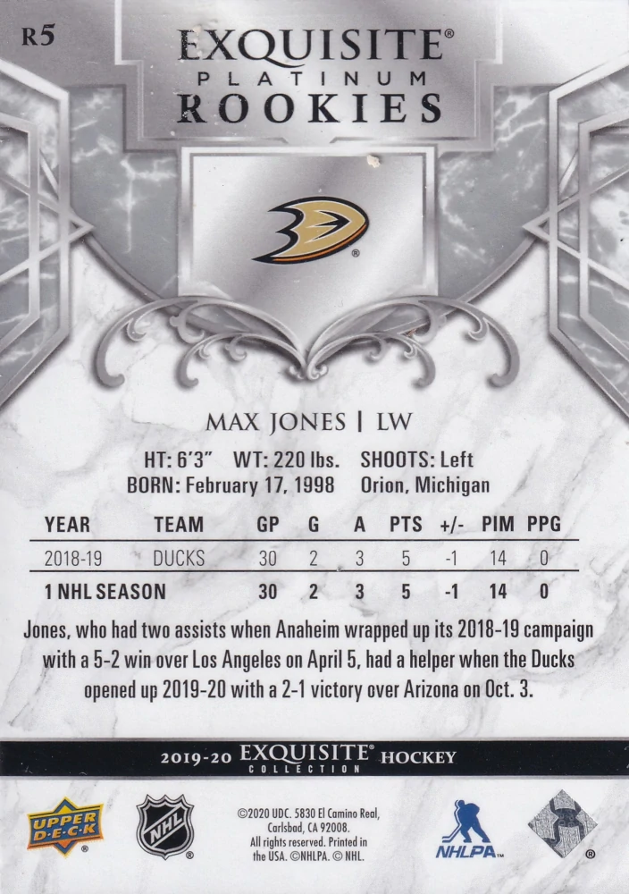 2019-20 UD Ice - Max Jones - Exquisite Collection Platinum Rookies /399 #R5