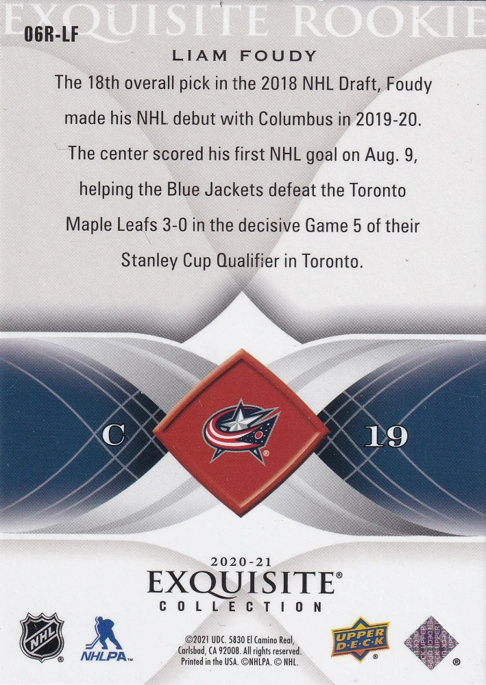 2020-21 UD Black Diamond - Liam Foudy - Exquisite Collection 2006-07 Retro Rookies /299 #06R-LF