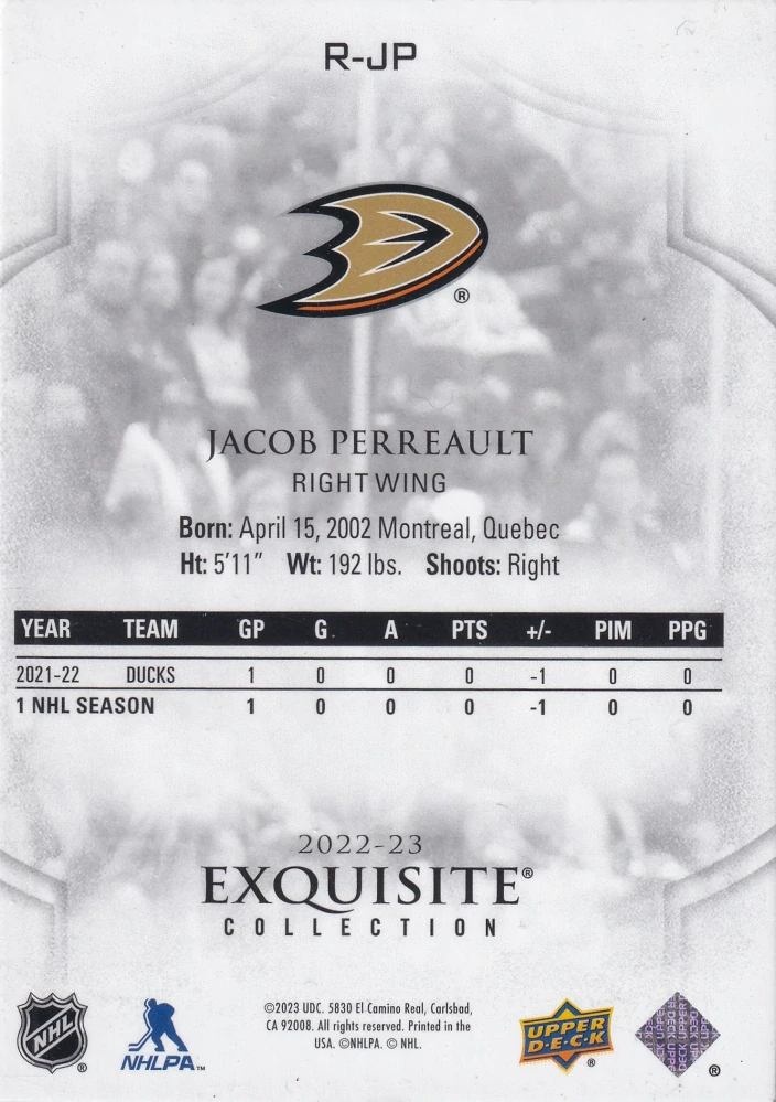 2022-23 UD Black Diamond - Jacob Perreault - Exquisite Collection Rookies /399 #R-JP
