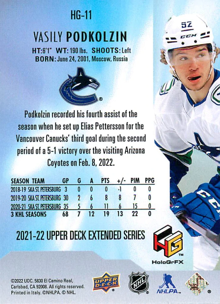 2021-22 UD Extended Series - Vasily Podkolzin - HoloGrFX Gold #HG-11