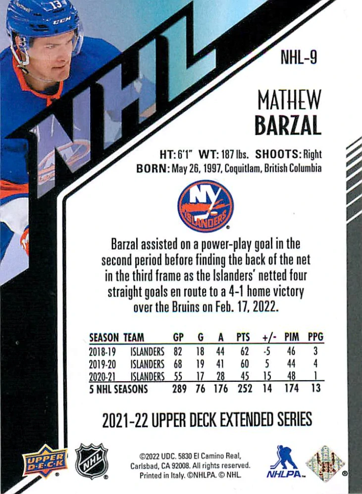 2021-22 UD Extended Series - Mathew Barzal - HoloGrFX NHL #NHL-9
