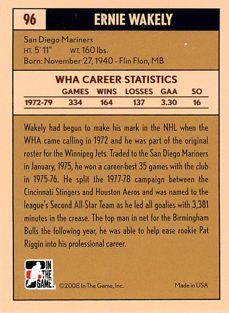 2007-08 ITG Between the Pipes - Ernie Wakely - The Rival League #96