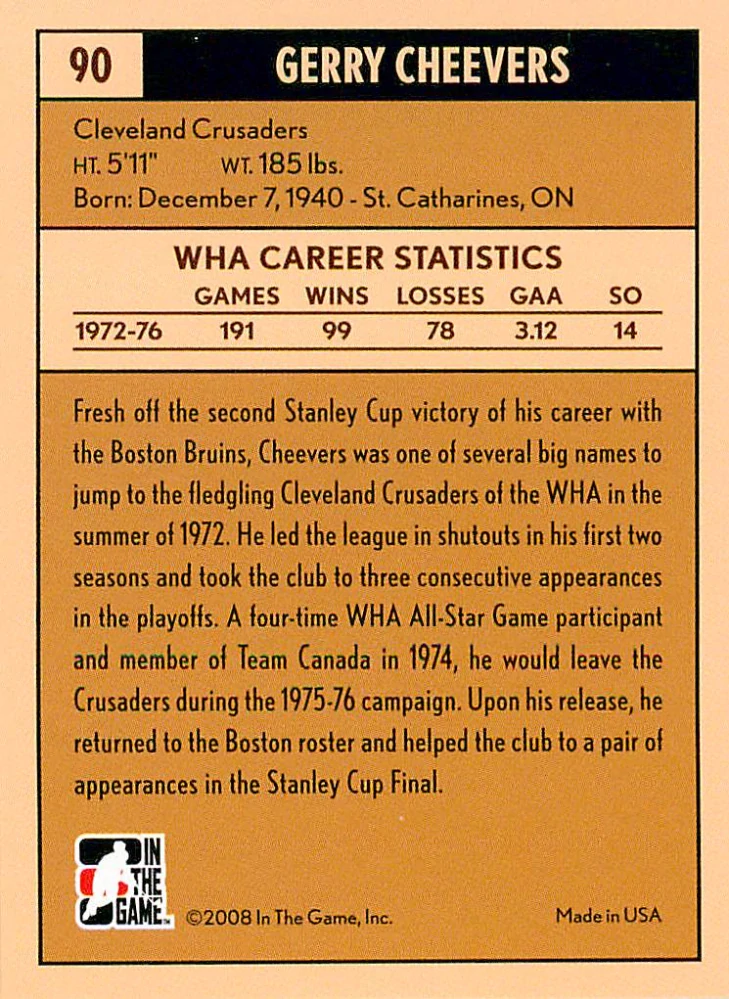 2007-08 ITG Between the Pipes - Gerry Cheevers - The Rival League #90
