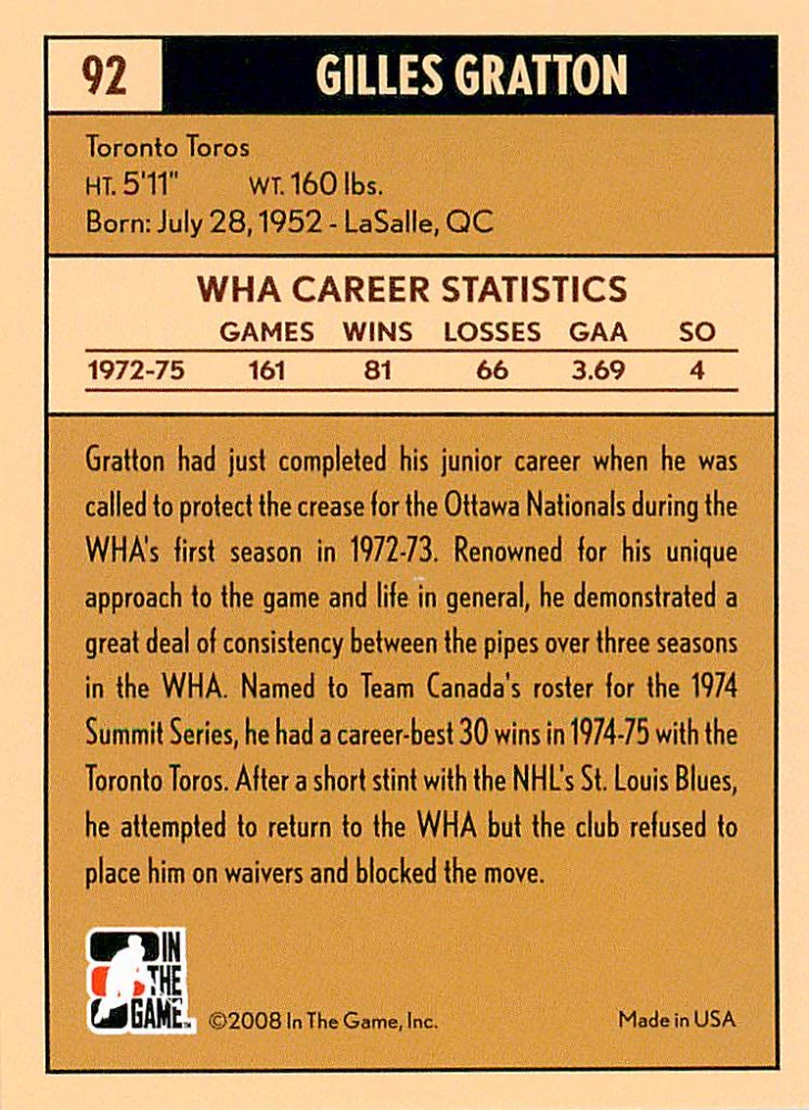 2007-08 ITG Between the Pipes - Gilles Gratton - The Rival League #92