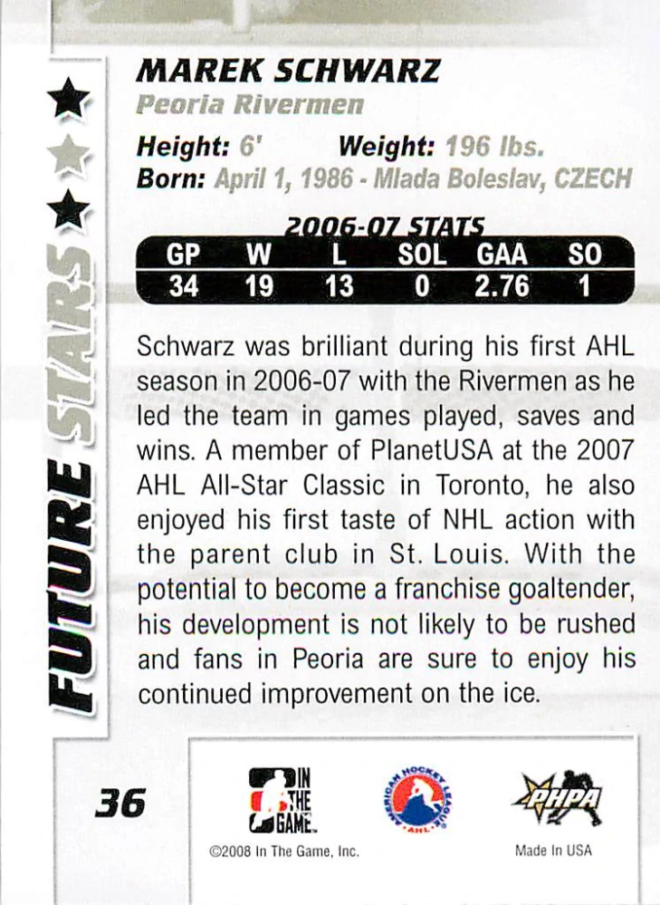 2007-08 ITG Between the Pipes - Marek Schwarz - Future Stars #36