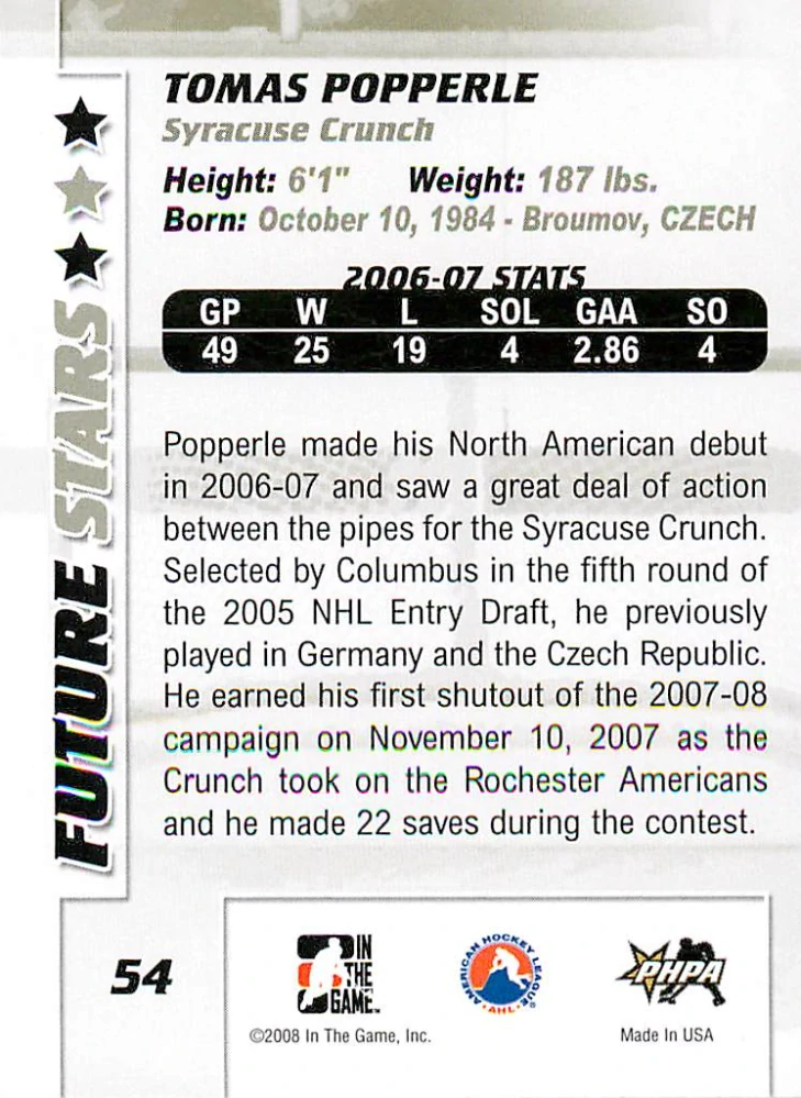 2007-08 ITG Between the Pipes - Tomáš Popperle - Future Stars #54