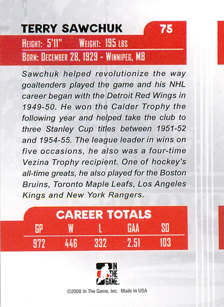 2007-08 ITG Between the Pipes - Terry Sawchuk - Greats Of The Game #75