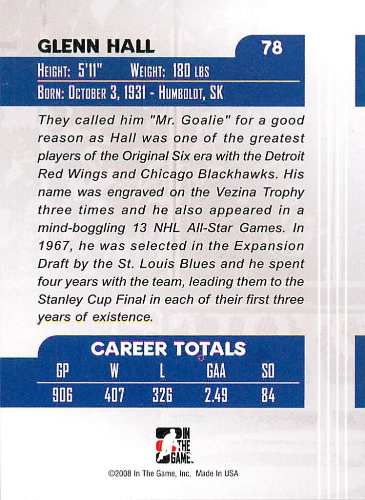 2007-08 ITG Between the Pipes - Glenn Hall - Greats Of The Game #78