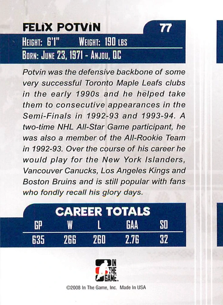 2007-08 ITG Between the Pipes - Felix Potvin - Greats Of The Game #77