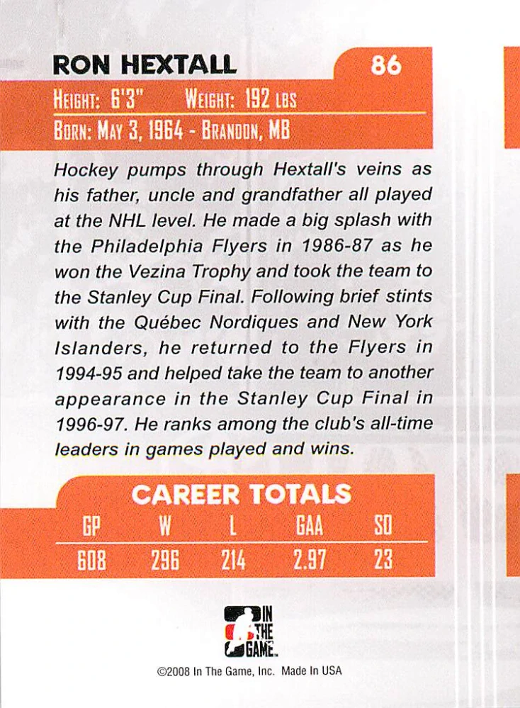 2007-08 ITG Between the Pipes - Ron Hextall - Greats Of The Game #86