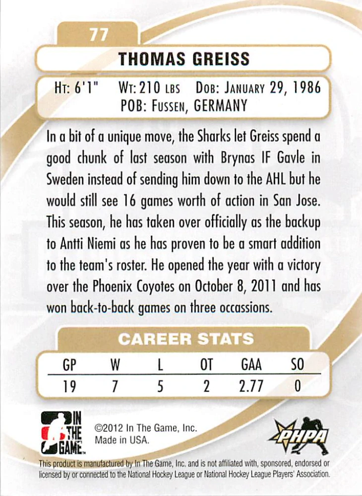 2011-12 ITG Between the Pipes - Thomas Greiss - Stars Of The Game #77