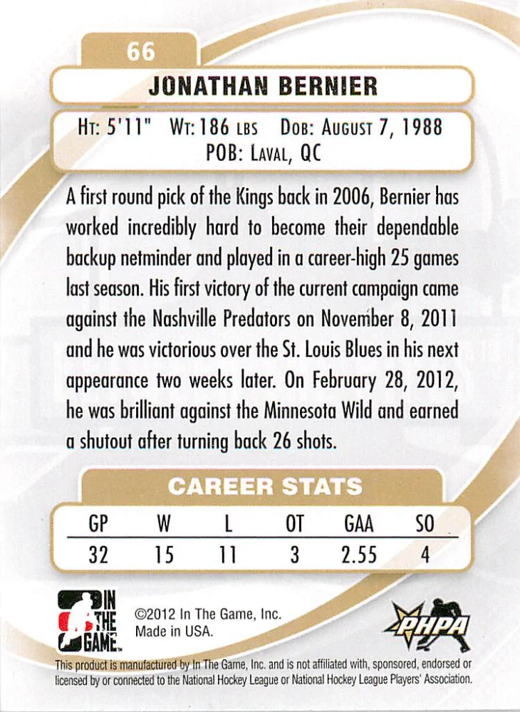 2011-12 ITG Between the Pipes - Jonathan Bernier - Stars Of The Game #66