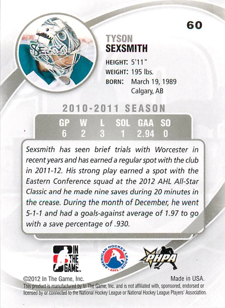 2011-12 ITG Between the Pipes - Tyson Sexsmith - Future Stars #60