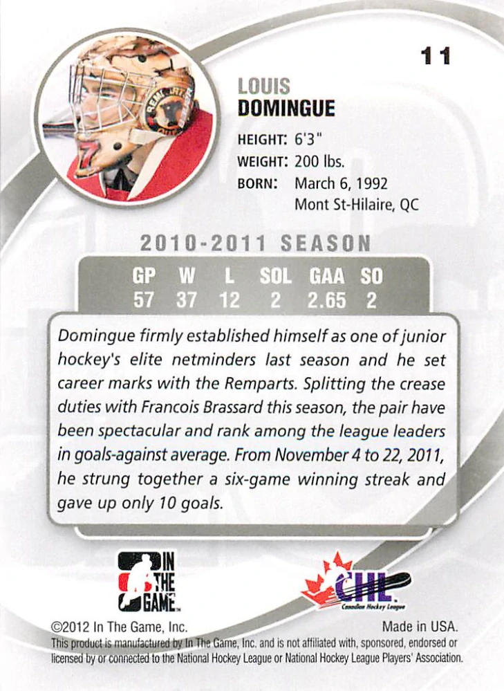 2011-12 ITG Between the Pipes - Louis Domingue - Future Stars #11