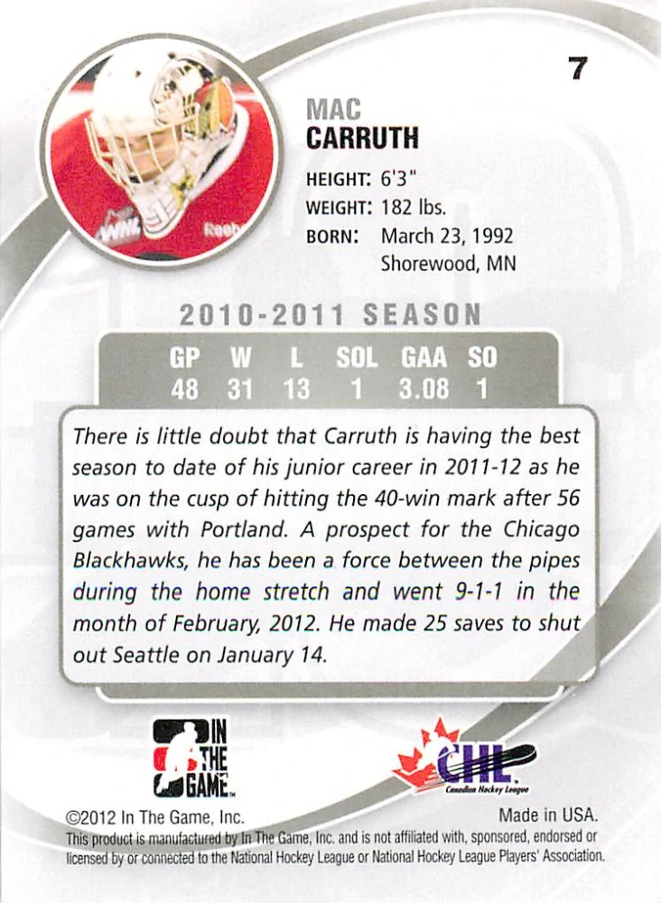 2011-12 ITG Between the Pipes - Mac Carruth - Future Stars #7