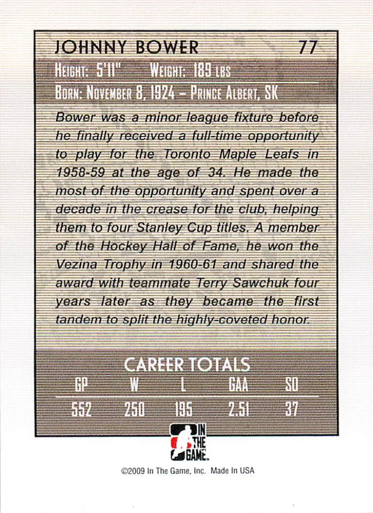 2008-09 ITG Between the Pipes - Johnny Bower - Greats Of The Game #77