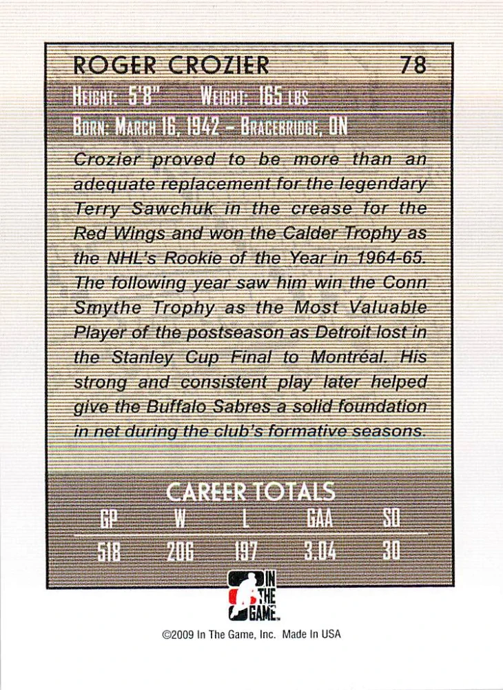 2008-09 ITG Between the Pipes - Roger Crozier - Greats Of The Game #78