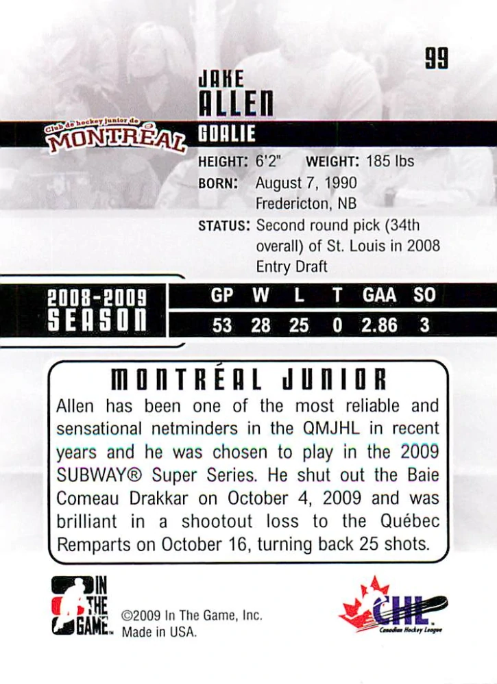 2008-09 ITG Between the Pipes - Jake Allen - Heroes and Prospects #99