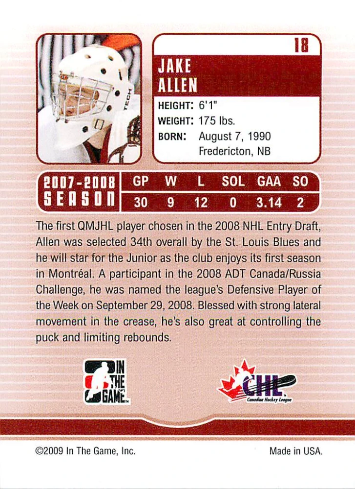 2008-09 ITG Between the Pipes - Jake Allen - Future Stars #18
