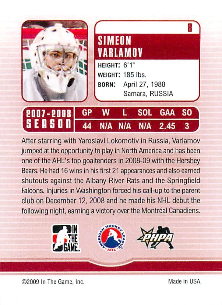 2008-09 ITG Between the Pipes - Simeon Varlamov - Future Stars #8
