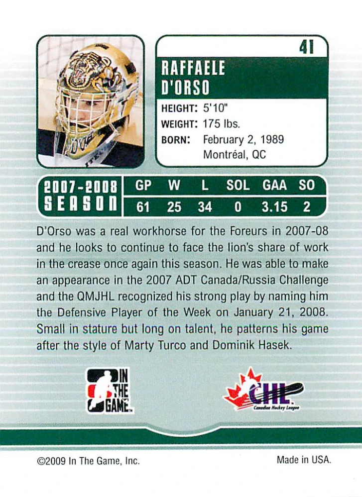 2008-09 ITG Between the Pipes - Raffaele D'Orso - Future Stars #41