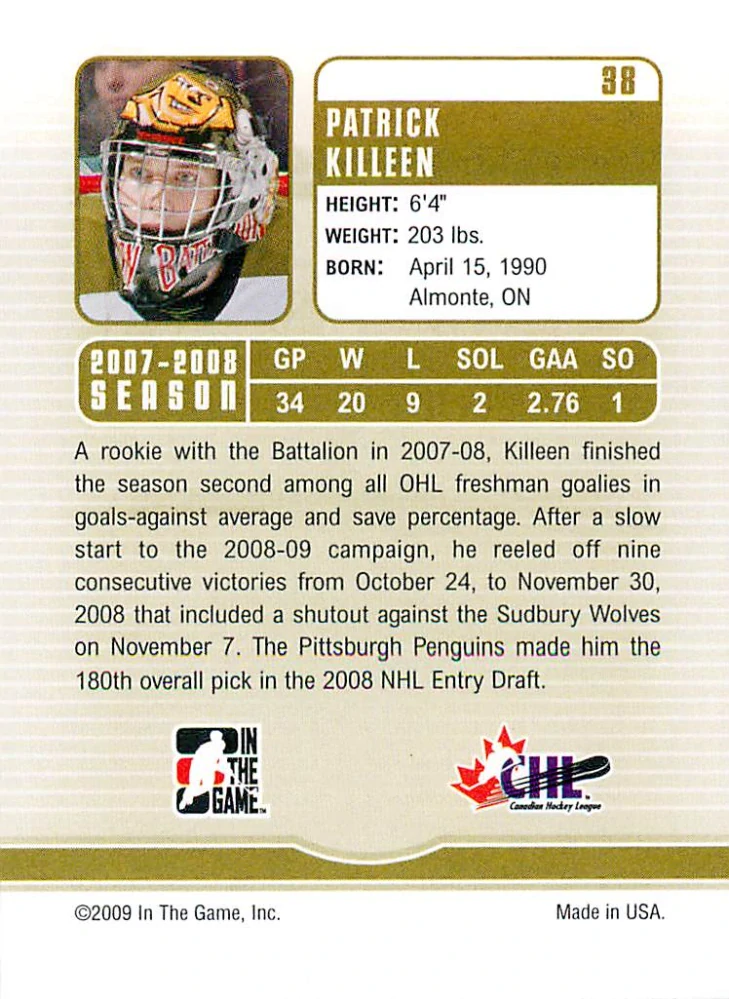 2008-09 ITG Between the Pipes - Patrick Killeen - Future Stars #38